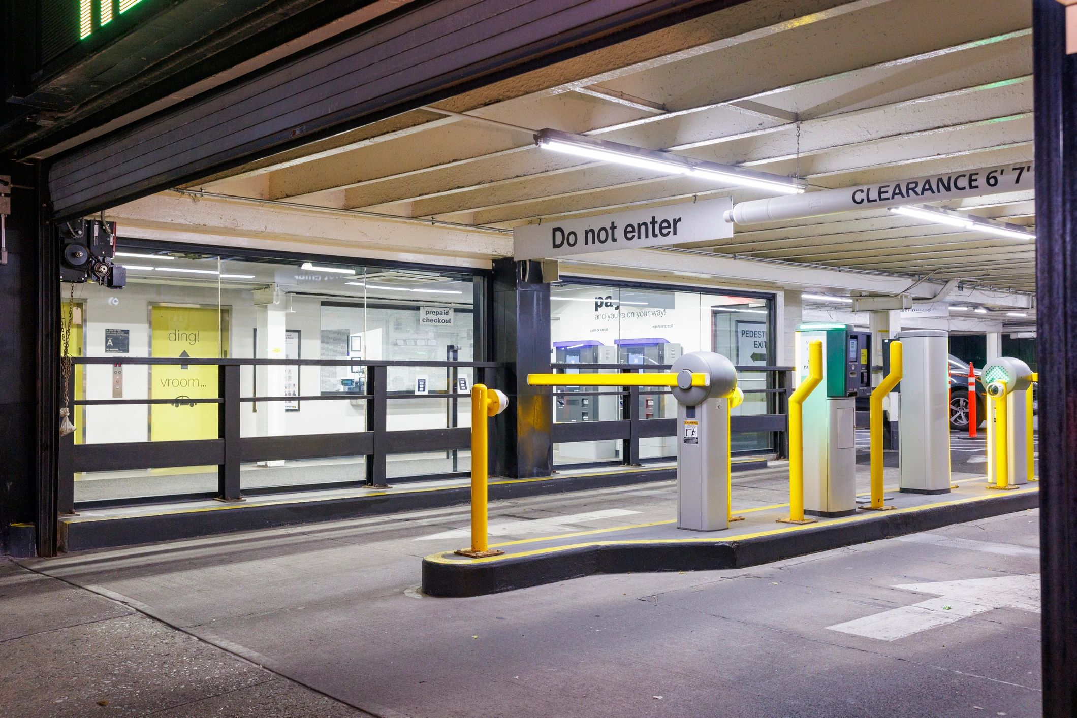Secured commercial property entrance at night