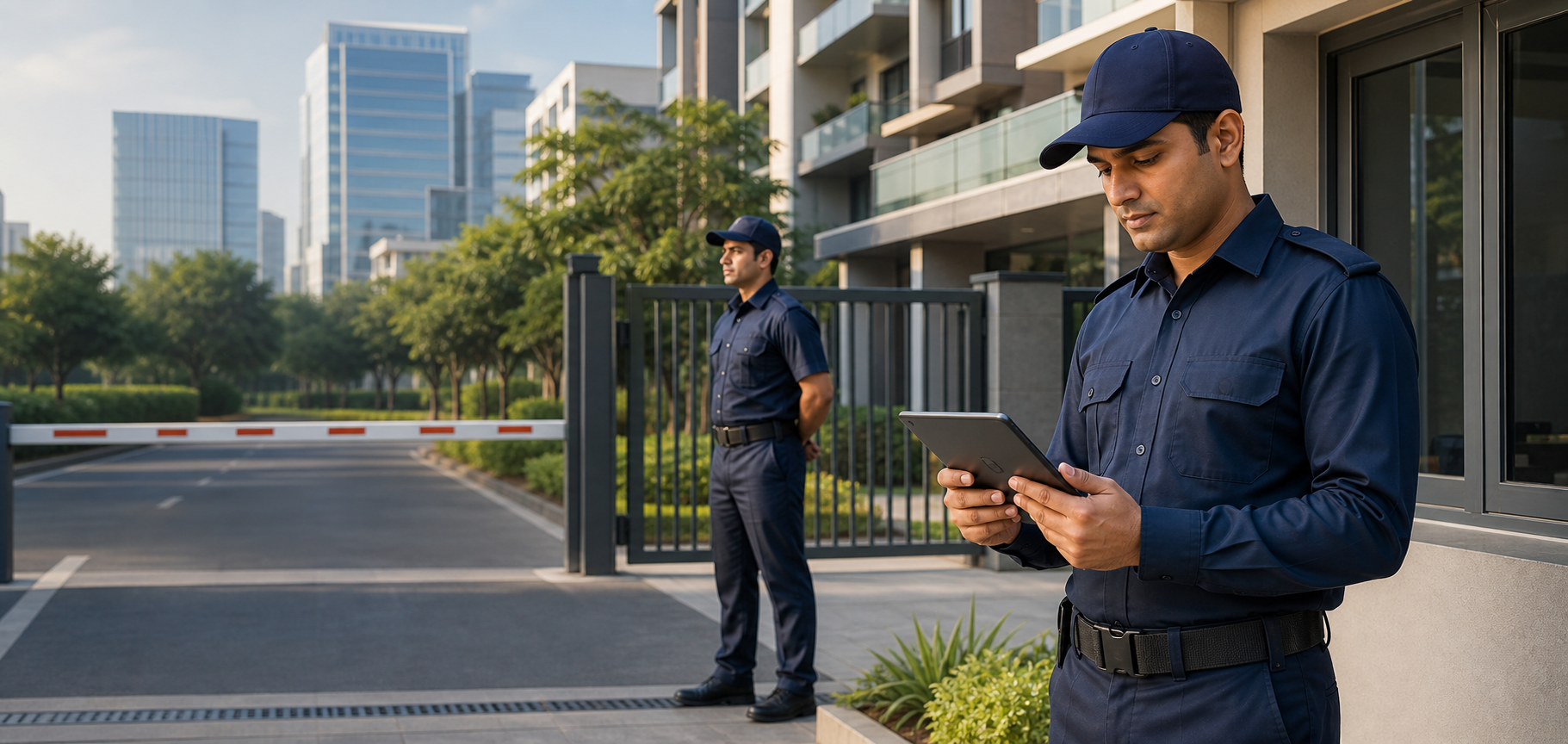 Security guards at a modern office and residential gate